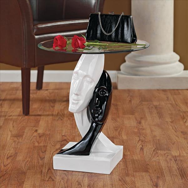 Design Toscano Lovers in Black and White Sculptural Glass-Topped Table KY4066